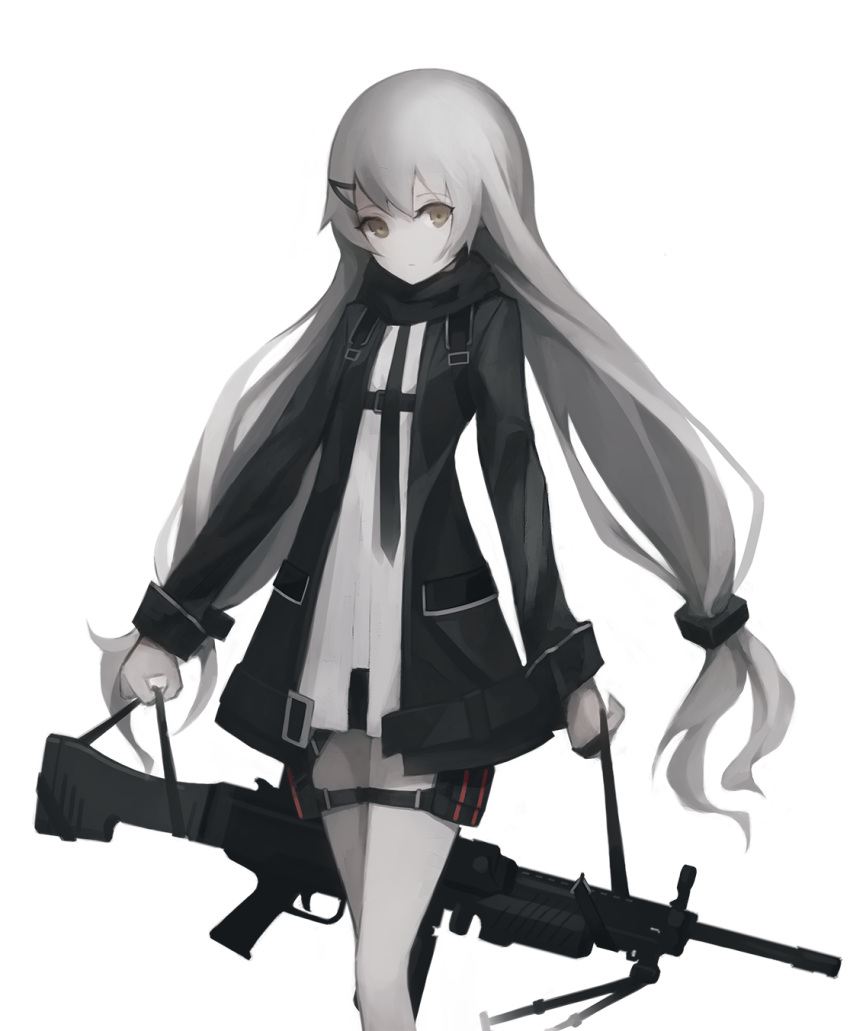 1girl bangs bipod black_coat black_scarf dress expressionless eyebrows eyebrows_visible_through_hair female girls_frontline grey_hair gun gyup91 hair_ornament hairclip highres holding holding_gun holding_strap holding_weapon holster long_hair looking_at_viewer mg4 mg4_(girls_frontline) necktie scarf shirt simple_background solo standing strap thigh_holster twintails weapon white_background white_shirt
