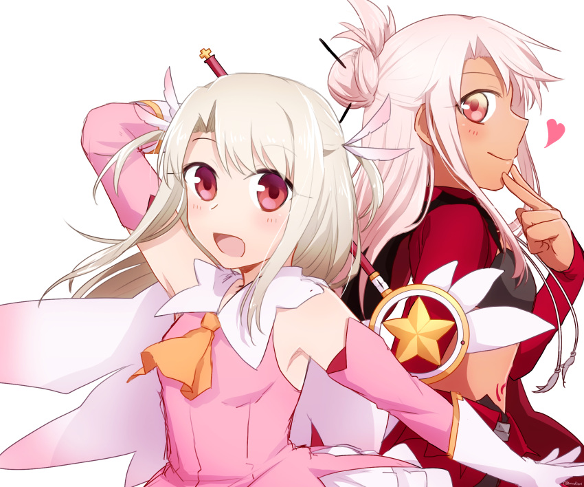 2girls arm_up bare_shoulders chloe_von_einzbern dark_skin elbow_gloves fate/kaleid_liner_prisma_illya fate_(series) feathers gloves hair_feathers harahara_(harashi001) heart highres holding_wand kaleidostick long_hair looking_at_viewer magical_ruby multiple_girls open_mouth prisma_illya red_eyes upper_body white_gloves white_hair