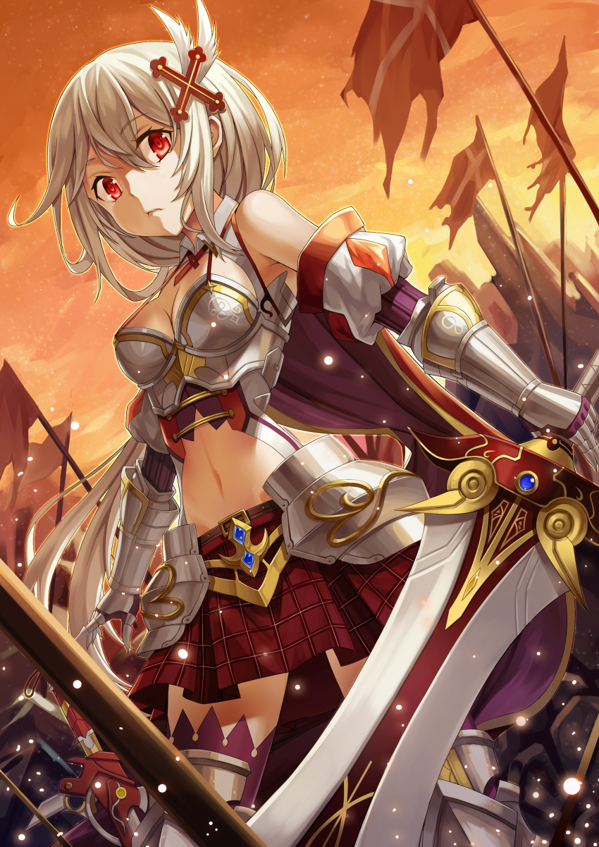 1girl absurdres armor armored_boots boots breasts cleavage detached_sleeves dutch_angle gauntlets hair_ornament highres holding holding_sword holding_weapon ling_si medium_breasts midriff navel original outdoors pleated_skirt red_eyes red_skirt short_hair silver_hair skirt solo sword weapon