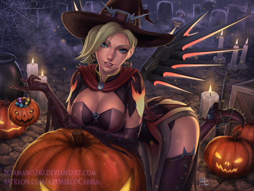 1girl alternate_costume blonde_hair breasts candle candy cleavage graveyard halloween hat jack-o'-lantern mercy_(overwatch) mirco_cabbia overwatch pumpkin solo witch witch_hat witch_mercy