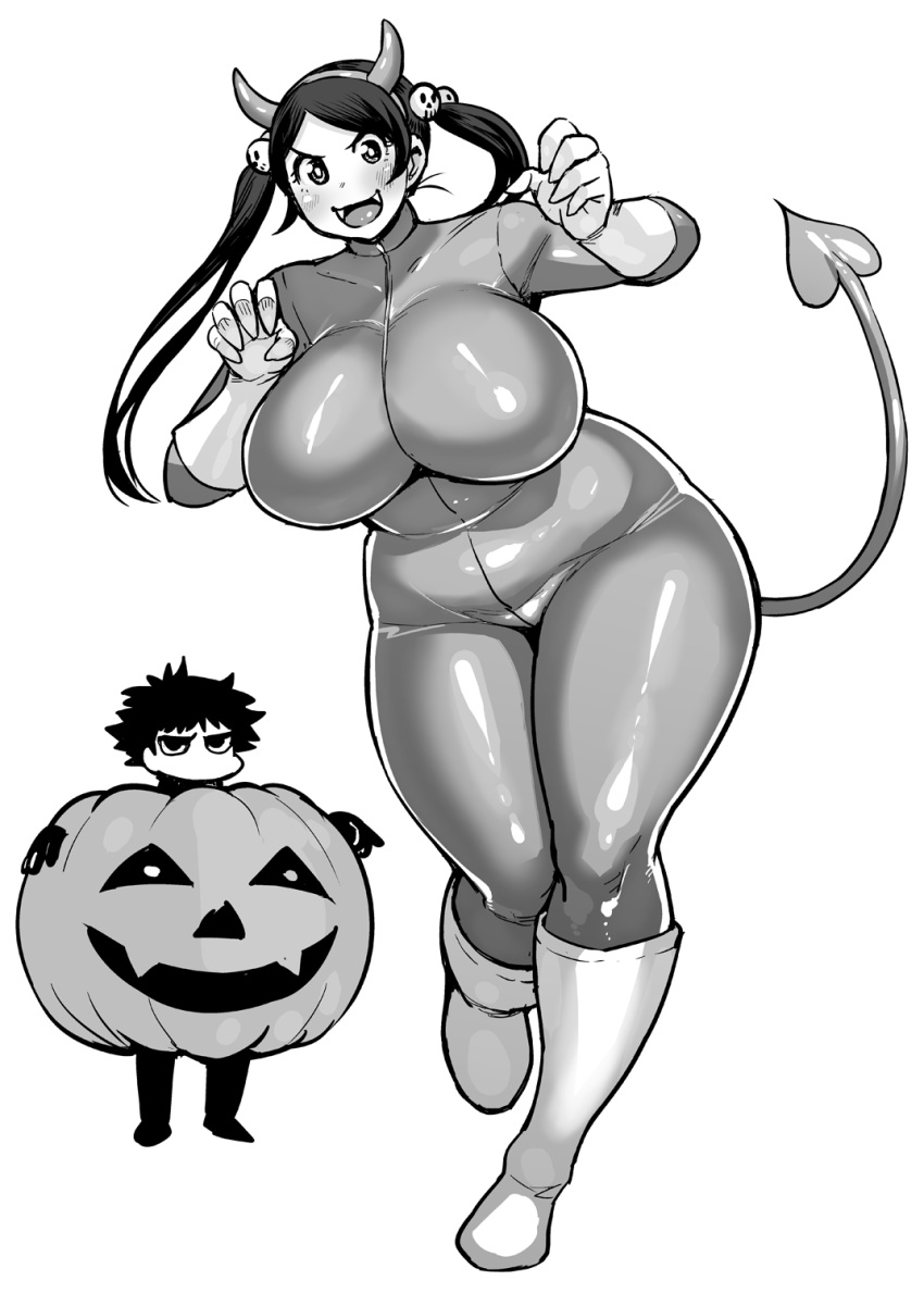1boy 1girl bodysuit boots breasts claws curvy demon_tail fake_horns fangs highres huge_breasts jack-o'-lantern long_hair looking_at_viewer plump pumpkin simple_background smile synecdoche tail thick_thighs thighs twintails white_background white_boots wide_hips