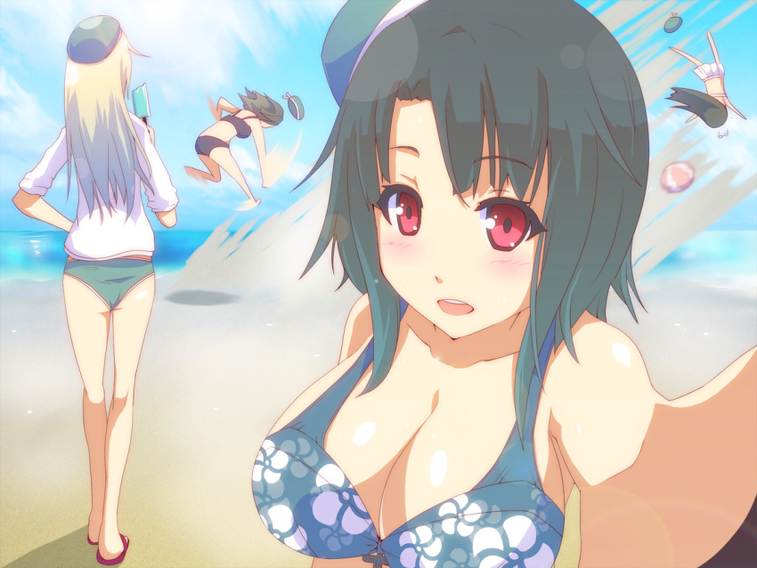 ass atago_(kantai_collection) bare_shoulders beach beret bikini black_hair blonde_hair blush breasts brown_hair choukai_(kantai_collection) cleavage glasses glasses_removed hand_on_hip hat hat_removed headwear_removed kantai_collection large_breasts long_hair looking_at_viewer maya_(kantai_collection) ocean popsicle red_eyes short_hair swimsuit takao_(kantai_collection) twinameless volleyball
