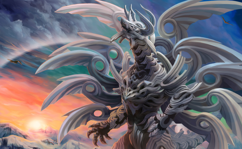 absurdres armor bird clouds commentary_request dragon fangs highres horns mountain multiple_wings no_humans original roaring sky snow solo standing sunset utsubushi022 white wings