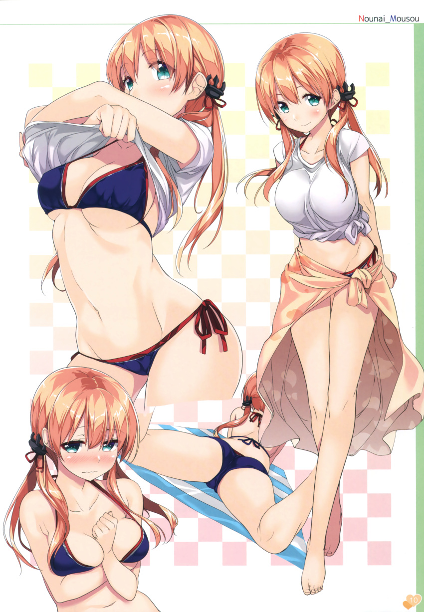 1girl absurdres arms_behind_back ass barefoot bikini blonde_hair blue_bikini blue_eyes blush breast_hold breasts cleavage contrapposto full_body gintarou_(kurousagi108) hair_over_shoulder hand_on_own_chest highres kantai_collection leaning_forward lying medium_breasts multiple_views navel nose_blush on_stomach prinz_eugen_(kantai_collection) sarong scan shirt side-tie_bikini strap_gap swimsuit tied_shirt twintails undressing wavy_mouth