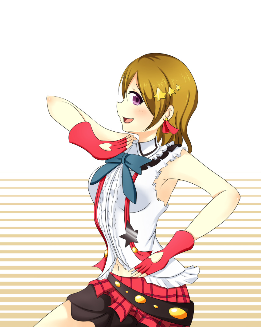 1girl absurdres armpits blue_bow blue_bowtie blush bokura_wa_ima_no_naka_de bow bowtie breasts brown_hair collared_shirt earrings eyebrows eyebrows_visible_through_hair fingerless_gloves gloves hair_bow hair_ornament heart_cutout highres jewelry jojo_pose koizumi_hanayo love_live! love_live!_school_idol_project medium_breasts midriff multicolored_skirt navel open_mouth pose shirt skirt sleeveless sleeveless_shirt solo star striped striped_background two-tone_background violet_eyes wangphing white_shirt