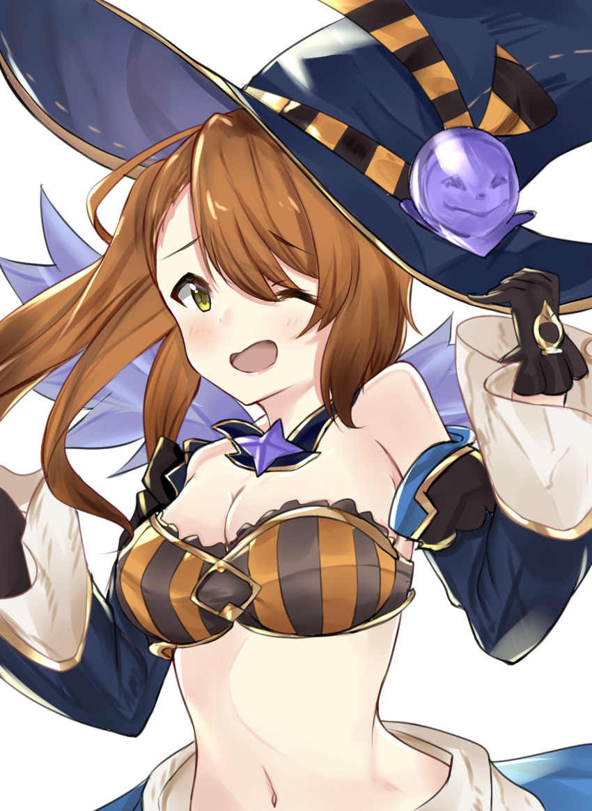 1girl ;d absurdres bandeau bangs bare_shoulders beatrix_(granblue_fantasy) black_gloves blue_hat blush breasts brown_hair cleavage detached_sleeves eyebrows eyebrows_visible_through_hair gloves granblue_fantasy green_eyes hair_between_eyes halloween halloween_costume hand_on_headwear hat highres jack-o'-lantern long_hair long_sleeves medium_breasts navel nemun_(tamizzz) one_eye_closed open_mouth simple_background smile solo striped upper_body white_background wide_sleeves witch_hat