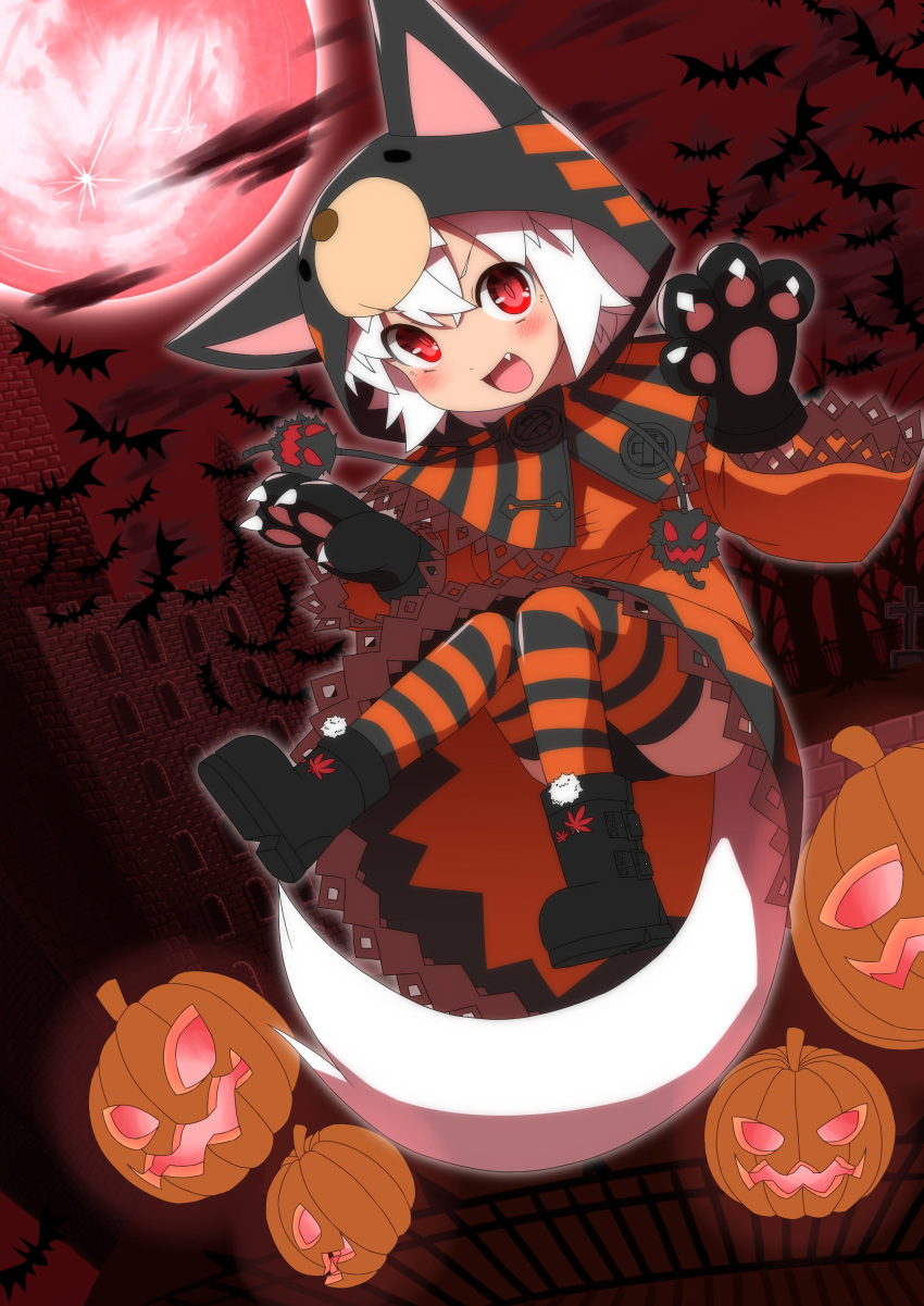absurdres animal_costume bat boots castellation clouds cloudy_sky cross dress fence floating full_moon gloves highres hood inubashiri_momiji kedama komugicha_(mugimugi-shiki) leaf leather leather_boots mansion maple_leaf moon night paw_gloves pumpkin railing red_eyes red_moon red_sky silver_hair sky stone_building strap tagme thigh-highs tiger_costume tiger_print tombstone touhou tower tree white_hair window