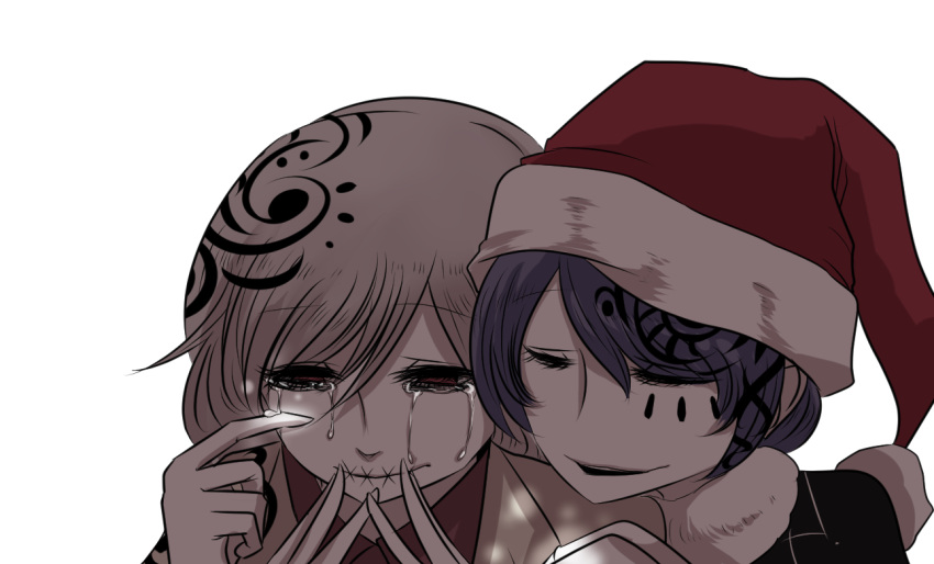 2girls bangs behind_another beige_hair beige_jacket black_dress closed_eyes crying doremy_sweet dress face hair_ribbon half-closed_eyes hat kishin_sagume light_smile looking_down markings multiple_girls nightcap red_eyes ribbon short_hair simple_background stitched_mouth stitches streaming_tears tears touhou white_background yo_no_ji