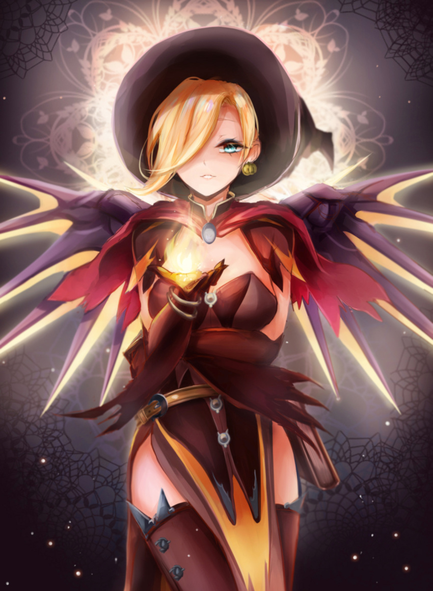 1girl abstract_background alternate_costume backlighting bangle belt blonde_hair blue_eyes book bracelet breast_hold breasts brown_background brown_gloves brown_legwear capelet cleavage cowboy_shot earrings elbow_gloves fire gloves grey_background hair_over_one_eye halloween halloween_costume hat highres holding jack-o'-lantern_earrings jewelry light_particles light_smile looking_at_viewer m-musume_(catbagel) mechanical_wings mercy_(overwatch) overwatch parted_lips pelvic_curtain short_sleeves solo thigh-highs wings witch witch_hat witch_mercy
