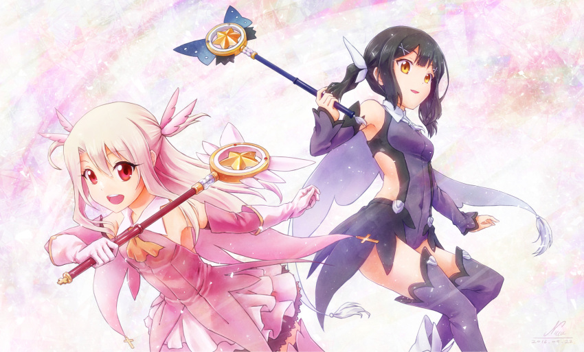 2girls :d armpits black_hair brown_eyes commentary_request detached_sleeves fate/kaleid_liner_prisma_illya fate_(series) frilled_skirt frills hair_ribbon highres holding illyasviel_von_einzbern long_hair looking_at_viewer magical_girl magical_ruby magical_sapphire miyu_edelfelt multiple_girls nicca_(kid_nicca) open_mouth prisma_illya red_eyes ribbon silver_hair skirt smile thigh-highs wand zettai_ryouiki