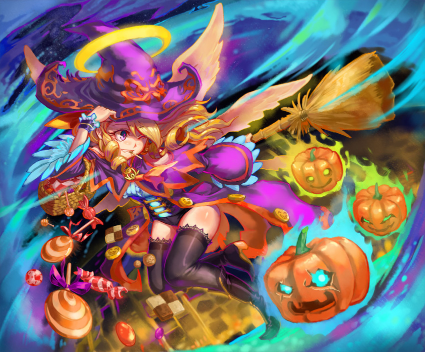 1girl ankle_boots basket black_boots black_legwear blonde_hair body_blush boots cape character_request checkerboard_cookie cookie corset food full_body glowing glowing_eyes grin halo hand_on_headwear hat hei_niao highres jack-o'-lantern long_hair looking_away looking_to_the_side monster_strike one_eye_closed outstretched_arm smile solo thigh-highs violet_eyes white_wings wings witch witch_hat wrist_cuffs