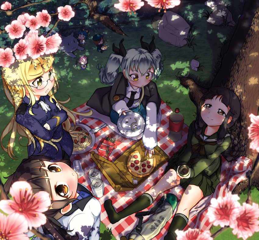 6+girls anchovy black_hair blonde_hair blurry bottle braid brown_eyes cape carillus cat cherry_blossoms chibi cola crossed_arms crossover depth_of_field drill_hair eating fairy_(kantai_collection) food georgette_lemare girls_und_panzer glasses green_eyes green_hair hair_ribbon highres holding kantai_collection kitakami_(kantai_collection) kneehighs long_hair looking_up minigirl multiple_crossover multiple_girls parted_lips pasta perrine_h_clostermann picnic pizza plate pleated_skirt pocky ribbon school_uniform serafuku single_braid size_difference skirt smile spaghetti stone strike_witches translation_request tree tree_shade twin_drills twintails world_witches_series yunomi