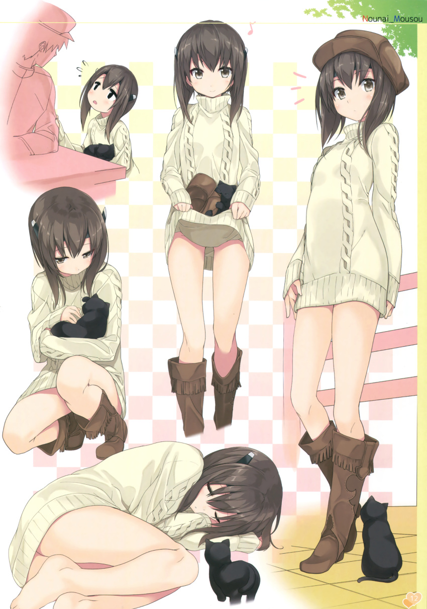 1boy 1girl absurdres admiral_(kantai_collection) aran_sweater bare_legs barefoot black_cat boots brown_eyes brown_hair cat closed_eyes cowboy_boots dress fetal_position flat_chest fringe gintarou_(kurousagi108) hat headgear highres kantai_collection lying musical_note on_side quaver ribbed_dress ribbed_sweater scan short_dress short_hair smile sweater sweater_dress taihou_(kantai_collection) turtleneck
