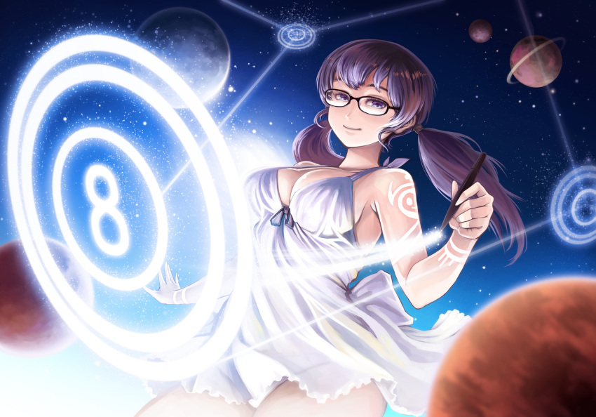 1girl black-framed_eyewear breasts brown_hair closed_mouth dress glasses highres holding jchoy long_hair looking_at_viewer medium_breasts number pixiv pixiv-tan planet sleeveless sleeveless_dress smile solo stylus tattoo twintails violet_eyes white_dress