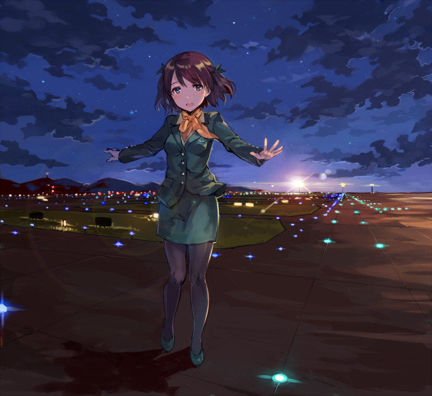 1girl airport black_legwear blush brown_hair clouds commentary cravat dark happy highres hill horizon lights looking_at_viewer night open_mouth original outstretched_arms pantyhose runway shadow skirt sky solo star_(sky) stewardess tan_(tangent) two_side_up uniform walking