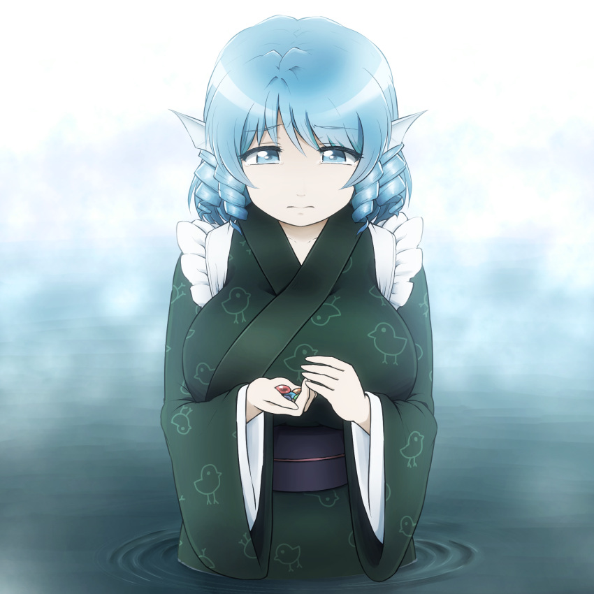 1girl bird_print blue_eyes blue_hair breasts commentary_request crying drill_hair frown head_fins highres japanese_clothes kimono large_breasts looking_at_viewer mermaid monster_girl obi partially_submerged ripples sash shirosato short_hair solo stone tareme tears touhou wakasagihime water wide_sleeves