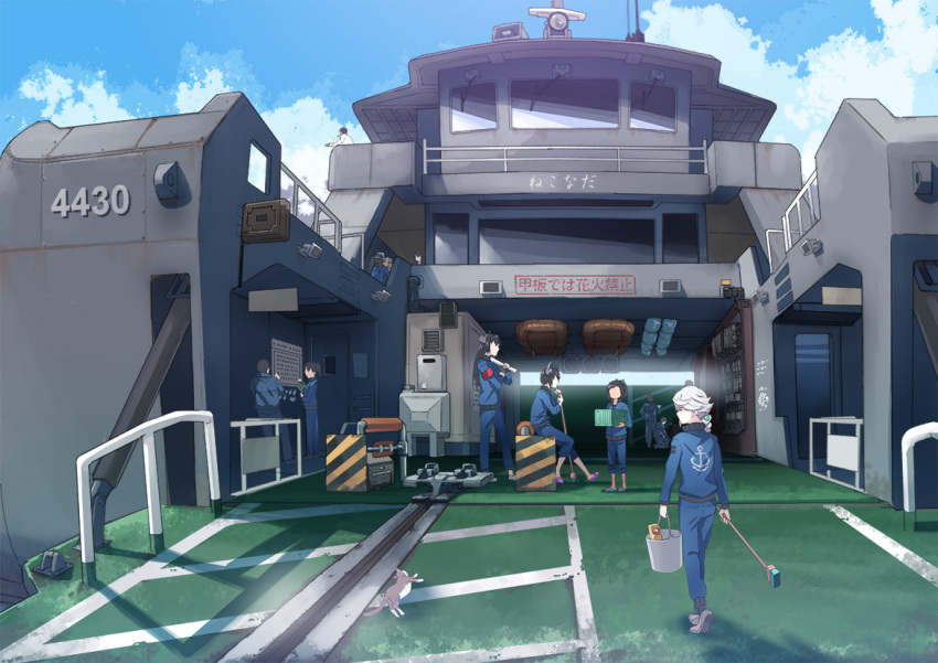 4boys 6+girls admiral_(kantai_collection) alternate_costume box broom bucket building cat clouds day faceless fubuki_(kantai_collection) full_body i-401_(kantai_collection) jack_hamster kaga_(kantai_collection) kantai_collection multiple_boys multiple_girls nagato_(kantai_collection) ryuujou_(kantai_collection) sitting tenryuu_(kantai_collection) translation_request unryuu_(kantai_collection)