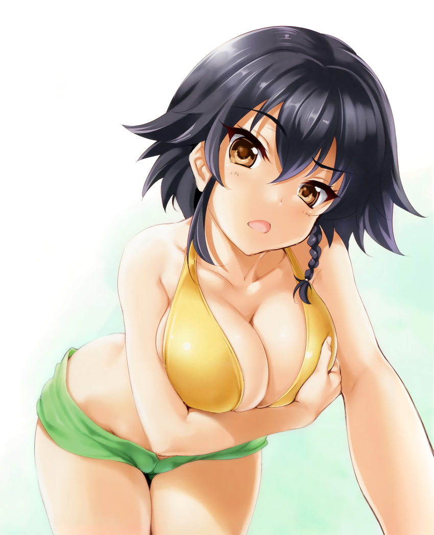 1girl absurdres all_fours bikini bikini_top black_hair braid breast_hold breast_suppress breasts brown_eyes cleavage collarbone detexted foreshortening girls_und_panzer hair_between_eyes hand_on_own_chest head_tilt highres kure_masahiro large_breasts looking_at_viewer pepperoni_(girls_und_panzer) scan short_hair short_shorts shorts side_braid solo swimsuit thighs yellow_bikini