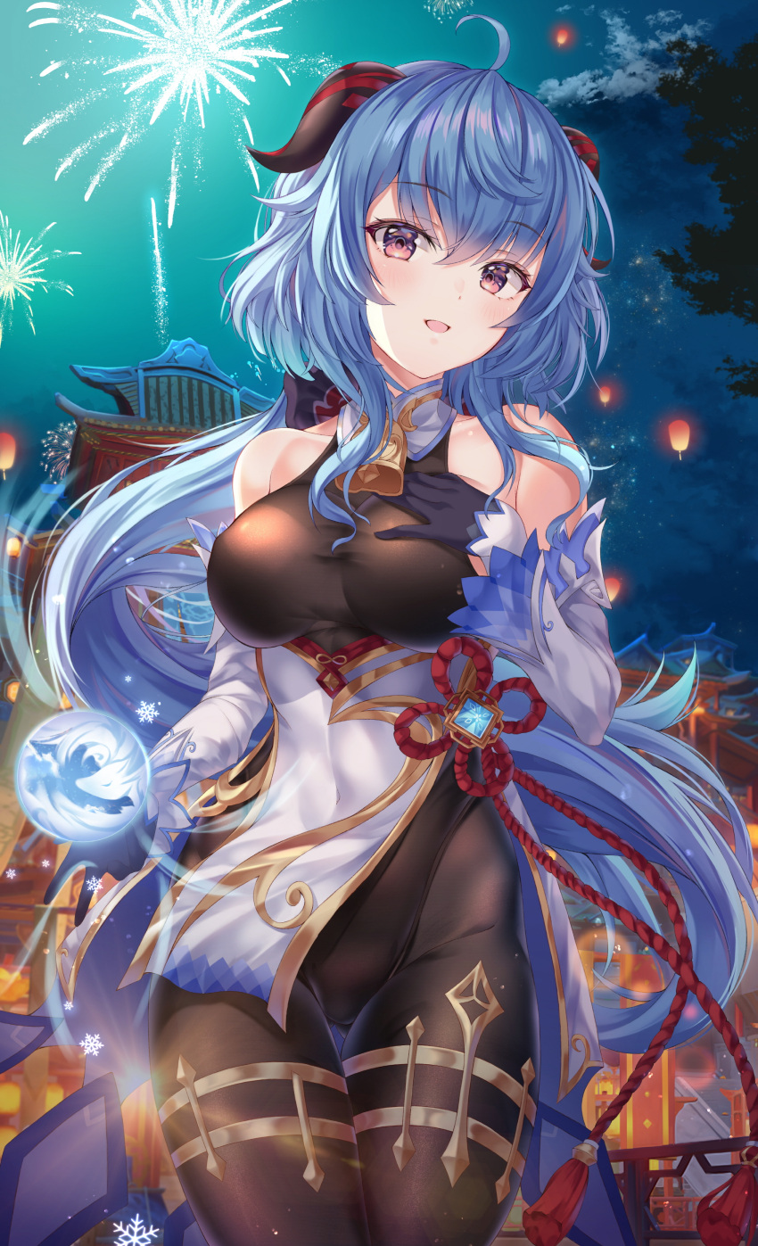 1girl absurdres aerial_fireworks ahoge bare_shoulders bell blue_hair bnari breasts brown_legwear brown_leotard cowbell cowboy_shot detached_sleeves fireworks ganyu_(genshin_impact) genshin_impact goat_horns gold_trim highres horns large_breasts leotard long_hair long_sleeves looking_at_viewer low_ponytail night open_mouth outdoors pantyhose pelvic_curtain red_eyes revision smile solo standing very_long_hair vision_(genshin_impact)