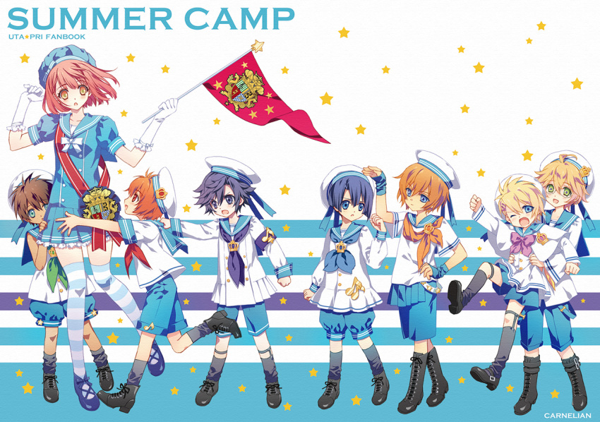 1girl 6+boys aijima_cecil blonde_hair blue_eyes blue_hair brown_hair carnelian child flag green_eyes hat hijirikawa_masato ichinose_tokiya ittoki_otoya jinguuji_ren kurusu_shou multiple_boys nanami_haruka orange_hair pink_hair purple_hair school_uniform shinomiya_natsuki short_hair uta_no_prince-sama yellow_eyes young