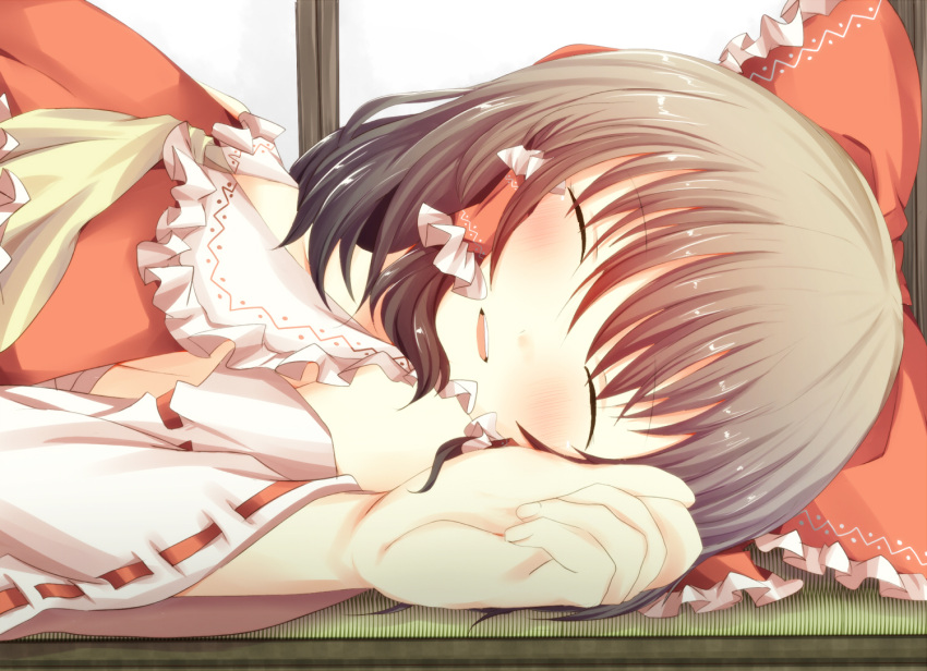 bad_id blush bow brown_hair close-up closed_eyes detached_sleeves dress eyes_closed face hair_bow hair_tubes hakurei_reimu miko on_back open_mouth pasutel red_dress solo touhou