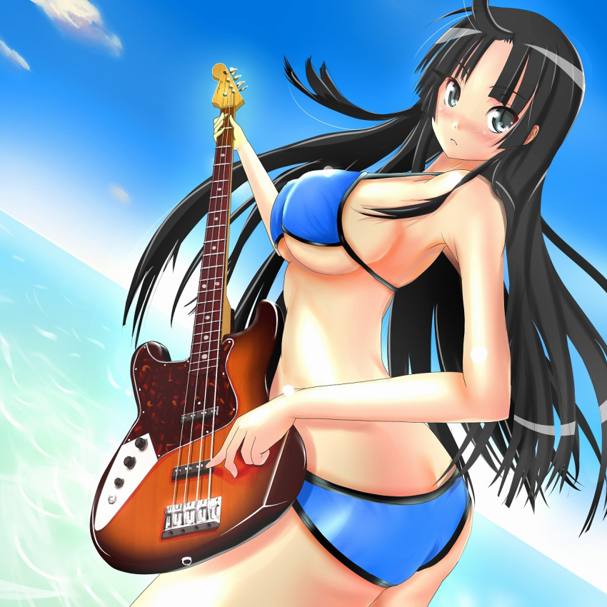 bass_guitar bikini black_eyes black_hair blush breasts butt_crack cloud clouds dutch_angle highres instrument k-on! long_hair nanji ocean sideboob sky solo swimsuit