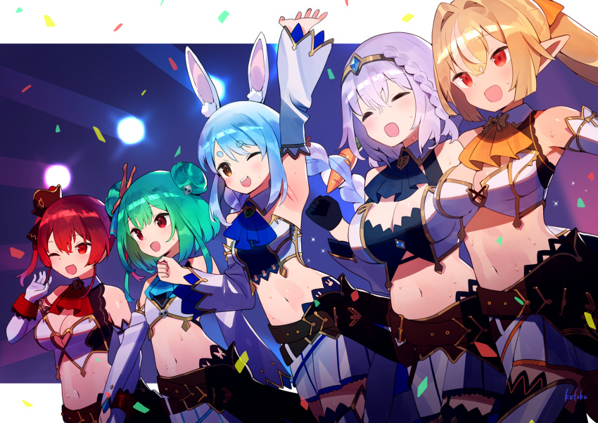 5girls :d ;d animal_ear_fluff animal_ears arm_up armpits ascot bangs blonde_hair blue_ascot blue_hair braid breasts carrot_hair_ornament closed_eyes commentary_request detached_sleeves double_bun elbow_gloves eyebrows_visible_through_hair flat_chest food-themed_hair_ornament gloves green_hair hair_between_eyes hair_ornament hat highres hololive hololive_fantasy houshou_marine large_breasts long_hair long_sleeves looking_away medium_breasts mini_hat multicolored_hair multiple_girls navel one_eye_closed orange_ascot pointy_ears ponytail rabbit_ears red_ascot red_eyes redhead shiranui_flare shirogane_noel short_eyebrows short_hair signature simple_background skirt small_breasts smile stomach striped sweat teeth thick_eyebrows tiara twin_braids twintails two-tone_hair upper_teeth uruha_rushia usada_pekora virtual_youtuber white_gloves white_hair white_skirt wrist_cuffs zenshin