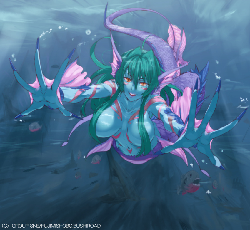 1girl blue blue_skin breasts bubble fingernails fish green_hair hair_between_eyes hair_over_breasts kusaka_souji large_breasts long_fingernails long_hair looking_at_viewer mermaid monster_collection monster_girl orange_eyes outstretched_arms piranha slit_pupils smile solo topless underwater water watermark