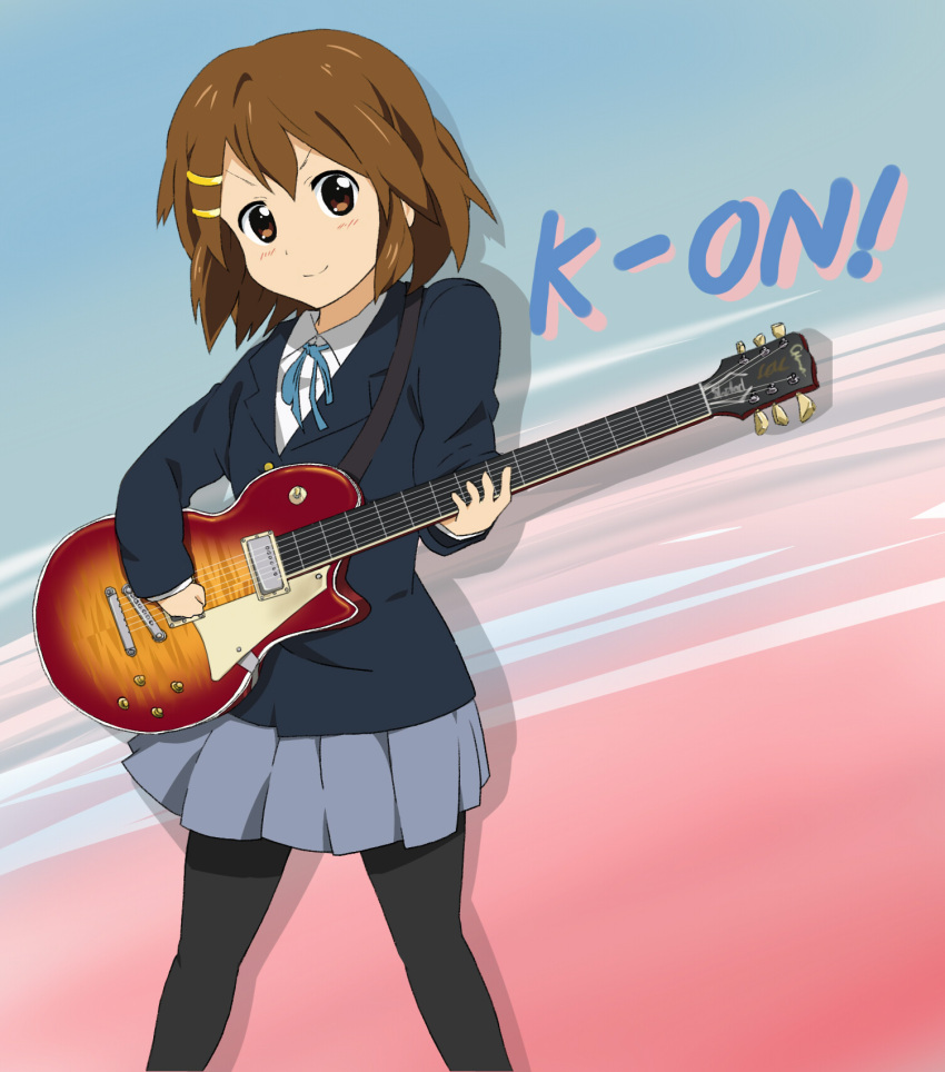 brown_eyes brown_hair delf guitar highres hirasawa_yui instrument k-on! les_paul pantyhose school_uniform short_hair solo