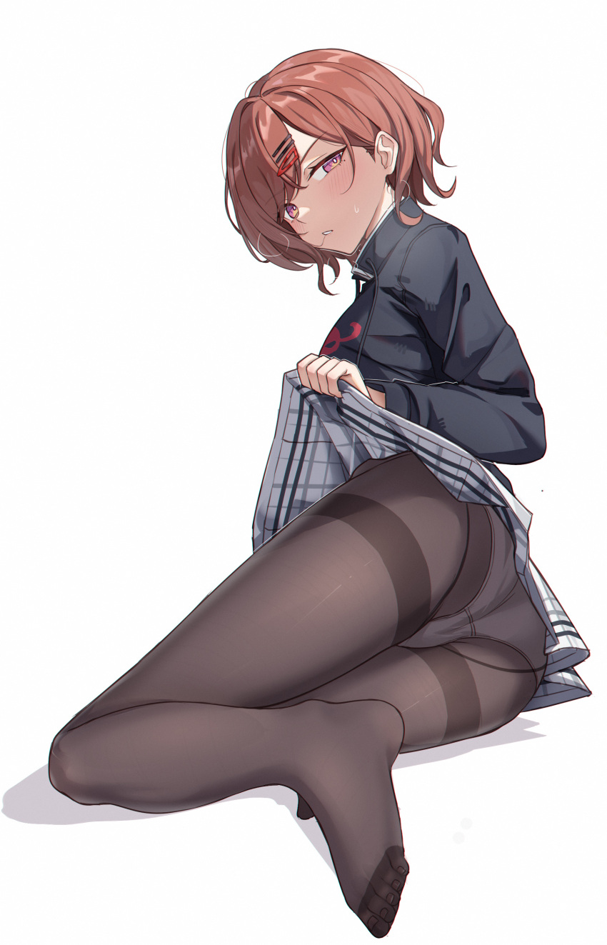1girl absurdres ass black_legwear blue_sweater_vest blush brown_hair clothes_lift commentary_request from_behind full_body hair_ornament hairclip highres higuchi_madoka idolmaster idolmaster_shiny_colors long_sleeves looking_at_viewer looking_back miniskirt mole mole_under_eye no_shoes panties panties_under_pantyhose pantyhose parted_lips short_hair simple_background skirt skirt_lift soles solo sweater_vest tamago_(eva1314056) thighband_pantyhose toes underwear violet_eyes white_background white_skirt