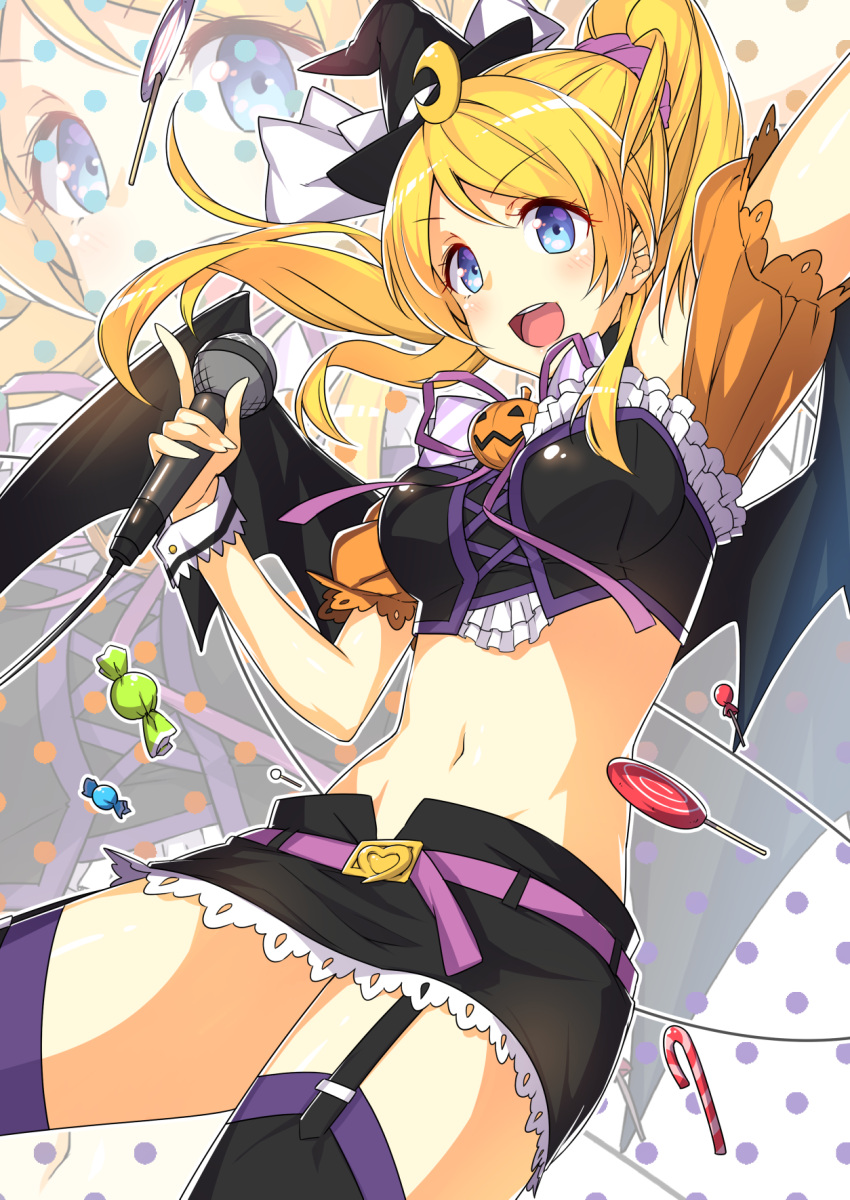 &gt;:d 1girl :d arm_up ayase_eli bat_wings belt black_skirt blonde_hair blue_eyes breasts candy candy_cane commentary_request crescent crop_top cross-laced_clothes engawa_(rarenago) garter_straps halloween hat highres index_finger_raised jack-o'-lantern lollipop love_live! love_live!_school_idol_festival love_live!_school_idol_project medium_breasts microphone midriff miniskirt navel neck_ribbon open_mouth polka_dot polka_dot_background ponytail purple_ribbon ribbon scrunchie shoulder_cutout sidelocks skirt smile solo thigh-highs wings witch witch_hat wrist_cuffs zoom_layer