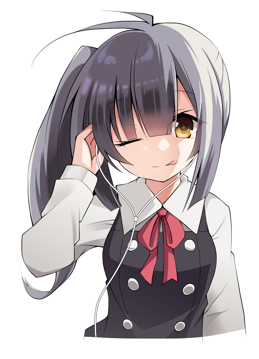 1girl ;q absurdres ahoge bangs blunt_bangs brown_eyes buttons collared_shirt dress earphones grey_dress grey_hair hair_ribbon hand_on_head highres kantai_collection kasumi_(kantai_collection) licking_lips long_hair long_sleeves looking_at_viewer neck_ribbon one_eye_closed pinafore_dress remodel_(kantai_collection) ribbon sakakiba_misogi shirt side_ponytail simple_background solo tongue tongue_out upper_body white_background