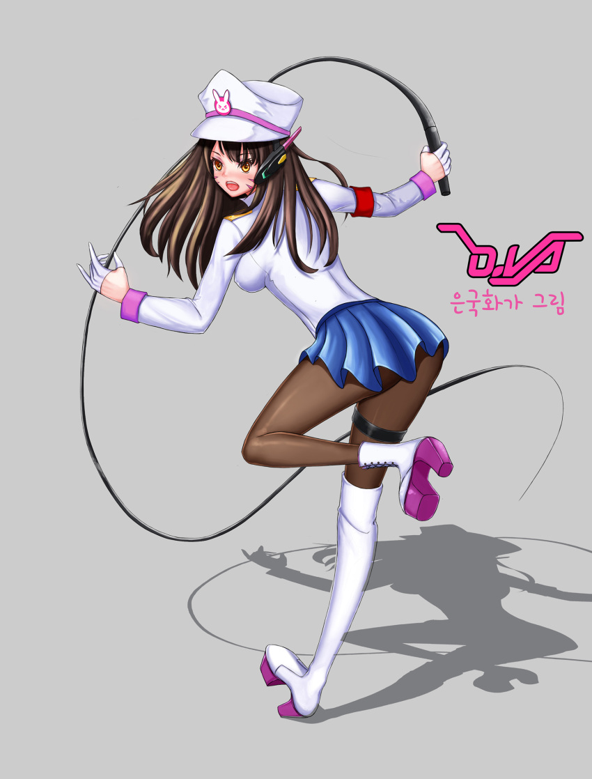 1girl alternate_costume ankle_boots ankle_lace-up armband asymmetrical_legwear blue_skirt boots breasts brown_hair brown_legwear character_name covered_nipples cross-laced_footwear d.va_(overwatch) epaulettes eungughwa facepaint facial_mark from_behind gloves grey_background hat headphones high_heel_boots high_heels highres jacket lace-up_boots long_hair long_sleeves looking_at_viewer looking_back medium_breasts military military_jacket military_uniform open_mouth overwatch pantyhose pink_lips pleated_skirt shadow simple_background skirt solo standing standing_on_one_leg teeth thigh-highs thigh_boots thigh_strap uniform whip whisker_markings white_boots white_gloves white_hat white_jacket yellow_eyes
