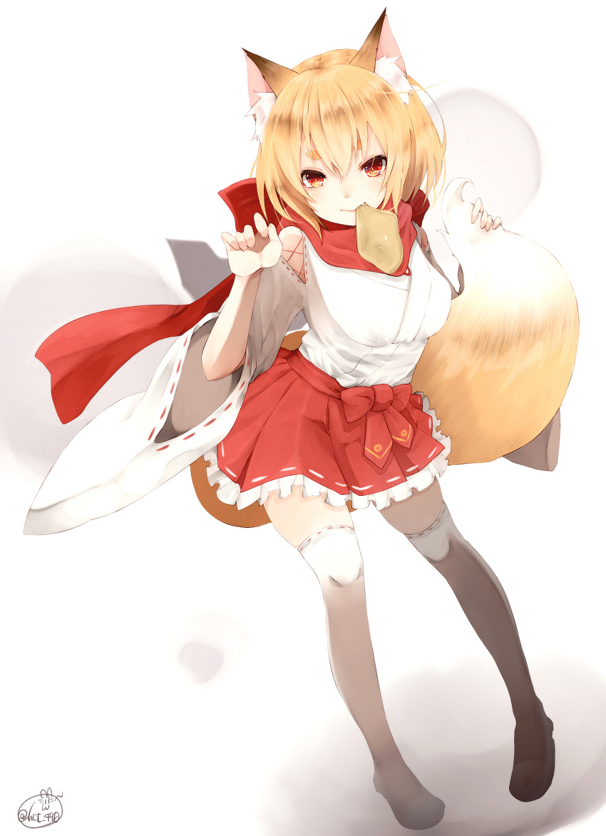 1girl animal_ears blonde_hair brown_eyes chita_(ketchup) fang fang_out fox_ears fox_tail frilled_skirt frills full_body hakama_skirt highres japanese_clothes lace lace-trimmed_sleeves lace-trimmed_thighhighs looking_at_viewer miko miniskirt mouth_hold original red_scarf scarf short_hair signature skirt solo standing tail thigh-highs white_legwear wide_sleeves zettai_ryouiki