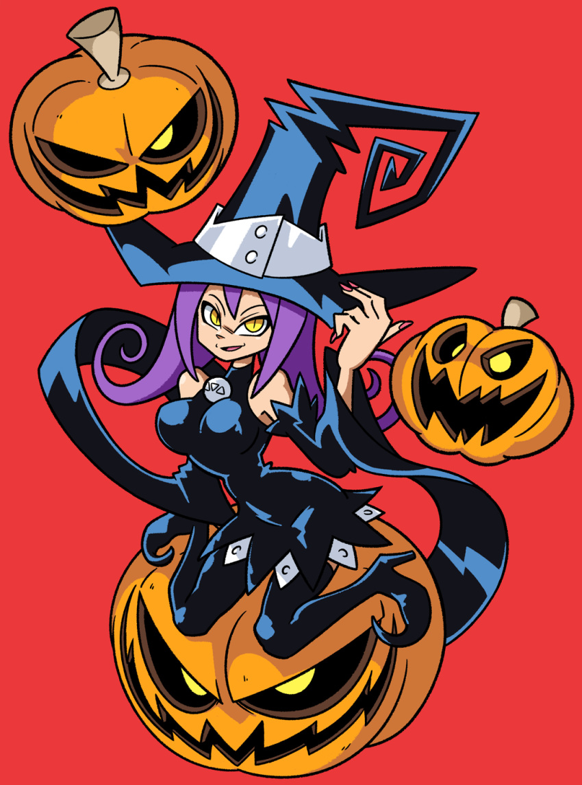 1girl blair breasts hat highres jack-o'-lantern large_breasts long_hair pumpkin purple_hair shenanimation solo soul_eater witch_hat yellow_eyes