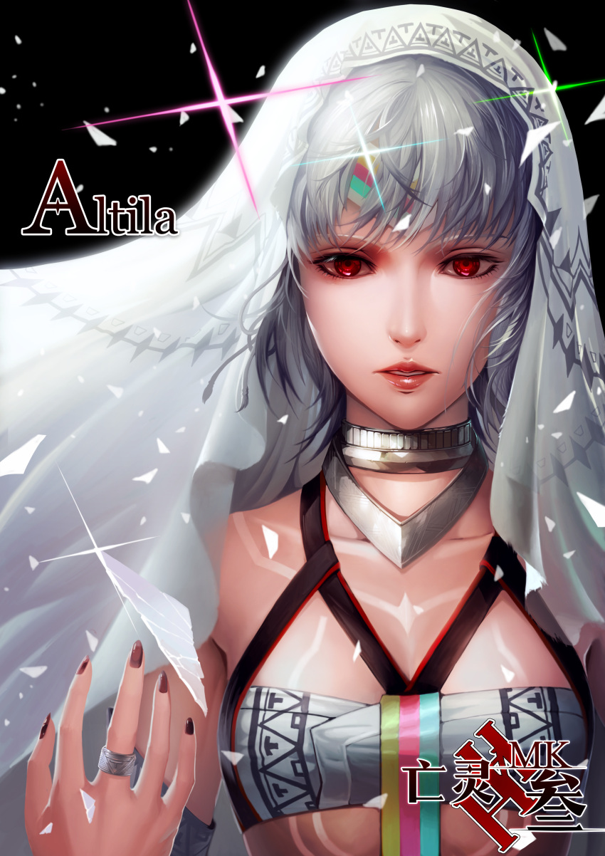 1girl absurdres armlet attila_(fate/grand_order) bangs bare_shoulders black_background breasts broken_glass character_name collarbone dark_skin diffraction_spikes fate/grand_order fate_(series) glass grey_hair headpiece highres jewelry lips long_hair looking_at_viewer multicolored_stripes nail_polish necklace parted_lips red_eyes red_lips red_nails ring shards short_hair small_breasts solo striped tattoo upper_body veil wangling_mk_san white_hair