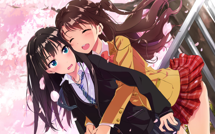 2girls black_hair black_skirt black_sweater blue_eyes brown_hair cherry_blossoms closed_eyes dutch_angle earrings hug hug_from_behind idolmaster idolmaster_cinderella_girls jewelry long_hair multiple_girls necklace necktie okaka_(katsubushi_gohan) open_mouth outdoors pleated_skirt red_skirt shibuya_rin shimamura_uzuki skirt sweater