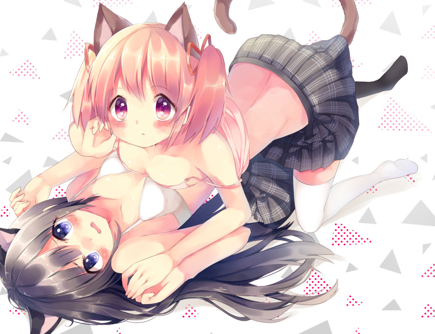 2girls akemi_homura animal_ears asymmetrical_docking bangs black_hair black_legwear black_skirt blue_eyes blush bra breast_press breasts camisole cat_ears cat_tail eyebrows eyebrows_visible_through_hair hair_between_eyes hands_together hands_up highres kaname_madoka long_hair looking_at_viewer mahou_shoujo_madoka_magica medium_breasts multiple_girls open_mouth parted_lips pink_eyes pink_hair pink_ribbon plaid plaid_skirt pleated_skirt polka_dot polka_dot_background ribbon sakuramocchi short_hair skirt strap_slip tail thigh-highs triangle twintails underwear wavy_mouth white_background white_bra white_legwear yuri