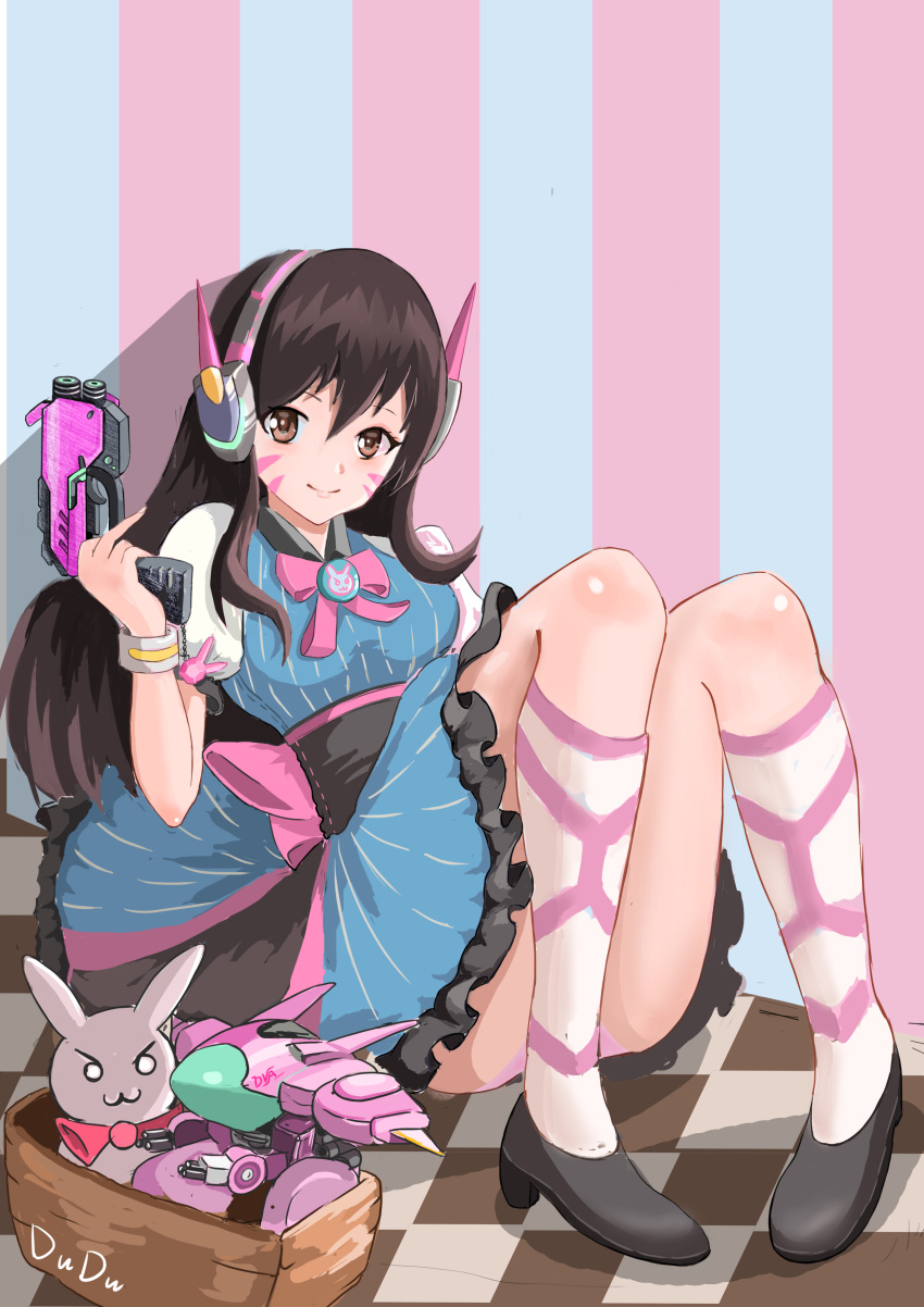 &gt;:3 1girl :3 absurdres alternate_costume arm_cannon artist_name brown_eyes brown_hair bunny_print charm_(object) checkered checkered_floor closed_eyes d.va_(overwatch) dress facepaint facial_mark frilled_skirt frills gatling_gun gun hair_between_eyes hand_up handgun headphones highres holding holding_gun holding_weapon kneehighs long_hair looking_at_viewer meka_(overwatch) middle_finger overwatch pink_lips pink_ribbon puffy_short_sleeves puffy_sleeves ribbon sash shoes short_sleeves sitting skirt solo striped stuffed_animal stuffed_bunny stuffed_toy toy_box vertical_stripes wallpaper_(object) weapon whisker_markings wristband
