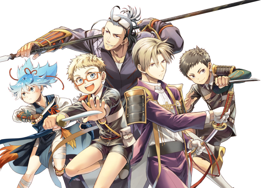 5boys :d armor atsushi_toushirou black_hair blonde_hair blue_eyes blue_hair brown_hair fuku_(pukuyan) glasses goggles goggles_on_head grey_eyes grin hakata_toushirou heshikiri_hasebe highres japanese_armor japanese_clothes jumpsuit katana male_focus military military_uniform multiple_boys necktie nihongou_(touken_ranbu) open_mouth polearm ponytail red-framed_eyewear sayo_samonji sheath shorts smile sode sword tantou touken_ranbu uniform unsheathing violet_eyes weapon yari