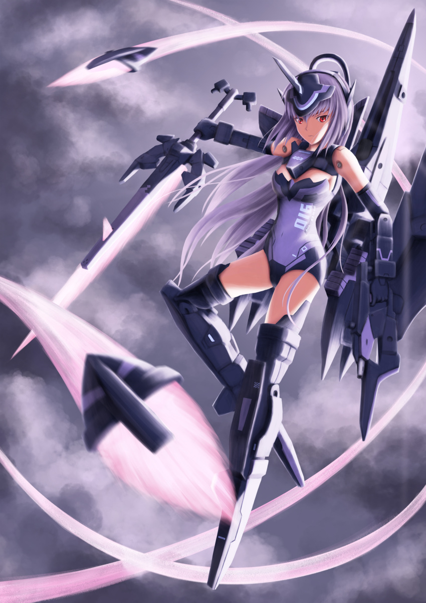 1girl :i absurdres armor arnval_mk2_tempesta bare_shoulders blurry body_parts breasts busou_shinki cleavage clouds doll_joints elbow_gloves expressionless eyebrows eyes fingers firearm flying full_body gloves gun hands headgear heaven highres holding holding_sword holding_weapon kov lavender_hair leotard long_hair looking_down machinery mecha_musume mechanical_arms mechanical_legs mechanical_parts mechanical_wings medium_breasts missile navel nose number one_knee_up one_leg_raised open_eyes purple_clothes purple_hair purple_leotard red_eyes screw shiny simple_background smoke_trail solo sword tempesta very_long_hair violet_eyes weapon wings
