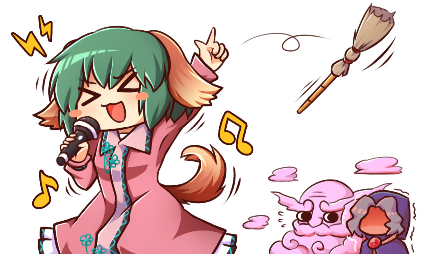 &gt;_&lt; 1boy 2girls :3 animal_ears arm_up bald bamboo_broom beamed_quavers black_eyes blue_hair blush_stickers broom closed_eyes clouds commentary dog_ears dog_tail dress faceless faceless_female facial_hair flying_sweatdrops green_hair hood index_finger_raised jewelry kasodani_kyouko kesa kumoi_ichirin lightning_bolt microphone multiple_girls music musical_note mustache open_mouth pendant pointing pointing_up quaver singing tail touhou trembling unzan wool_(miwol)