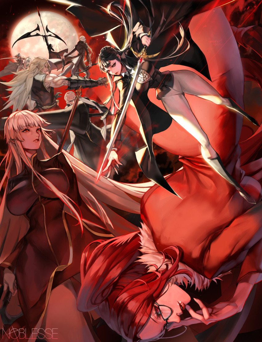 3girls 5boys arrow beard black_hair boots bow_(weapon) breasts cape covered_nipples facial_hair full_moon gauntlets glasses highres holding holding_sword holding_weapon imp_(sksalfl132) large_breasts long_hair looking_at_viewer moon multiple_boys multiple_girls red_eyes redhead shield sleeveless sword vampire weapon