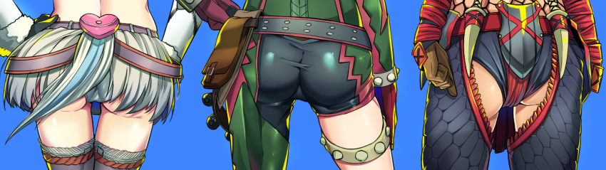3girls armor ass ass_cutout asymmetrical_clothes bag belt belt_pouch blue_background cete_(controllingtime) clenched_hand deviljho_(armor) from_behind gauntlets hand_on_hip hands_on_hips kirin_(armor) monster_hunter multiple_girls nargacuga_(armor) panties pants shiny shiny_clothes simple_background single_pantsleg skin_tight standing thigh-highs thigh_gap underwear