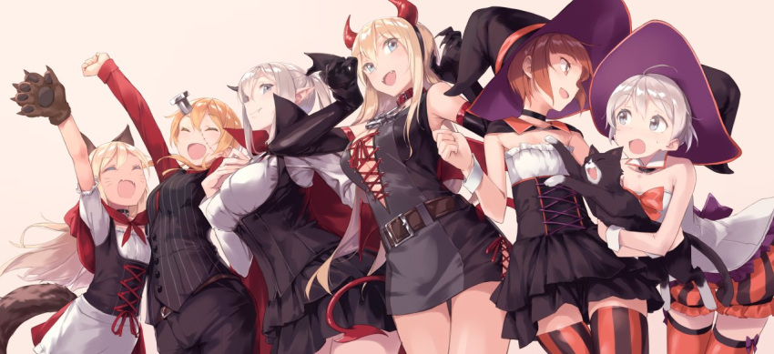 6+girls ahoge alternate_costume animal_ears arm_at_side arm_up bangs bare_shoulders belt bending_forward bismarck_(kantai_collection) black_gloves blonde_hair blouse blue_eyes blunt_bangs breasts brown_eyes brown_hair cape cat_ears clenched_hand closed_eyes corset cowboy_shot dark_skin demon_girl disguise dress elbow_gloves fangs from_below gloves graf_zeppelin_(kantai_collection) grey_eyes hair_between_eyes hat horns jumping kantai_collection large_breasts light_smile long_hair looking_at_another looking_at_viewer medium_breasts multiple_girls off_shoulder open_mouth paw_gloves paws pink_background prinz_eugen_(kantai_collection) red_blouse ro-500_(kantai_collection) short_dress short_hair silver_hair simple_background small_breasts smile striped succubus tan thigh-highs thighs tongue twintails underbust unsinkable_sam vampire vertical_stripes whiskers white_blouse witch_hat wolf_ears wolf_paws yomo_(majidon) z1_leberecht_maass_(kantai_collection) z3_max_schultz_(kantai_collection)