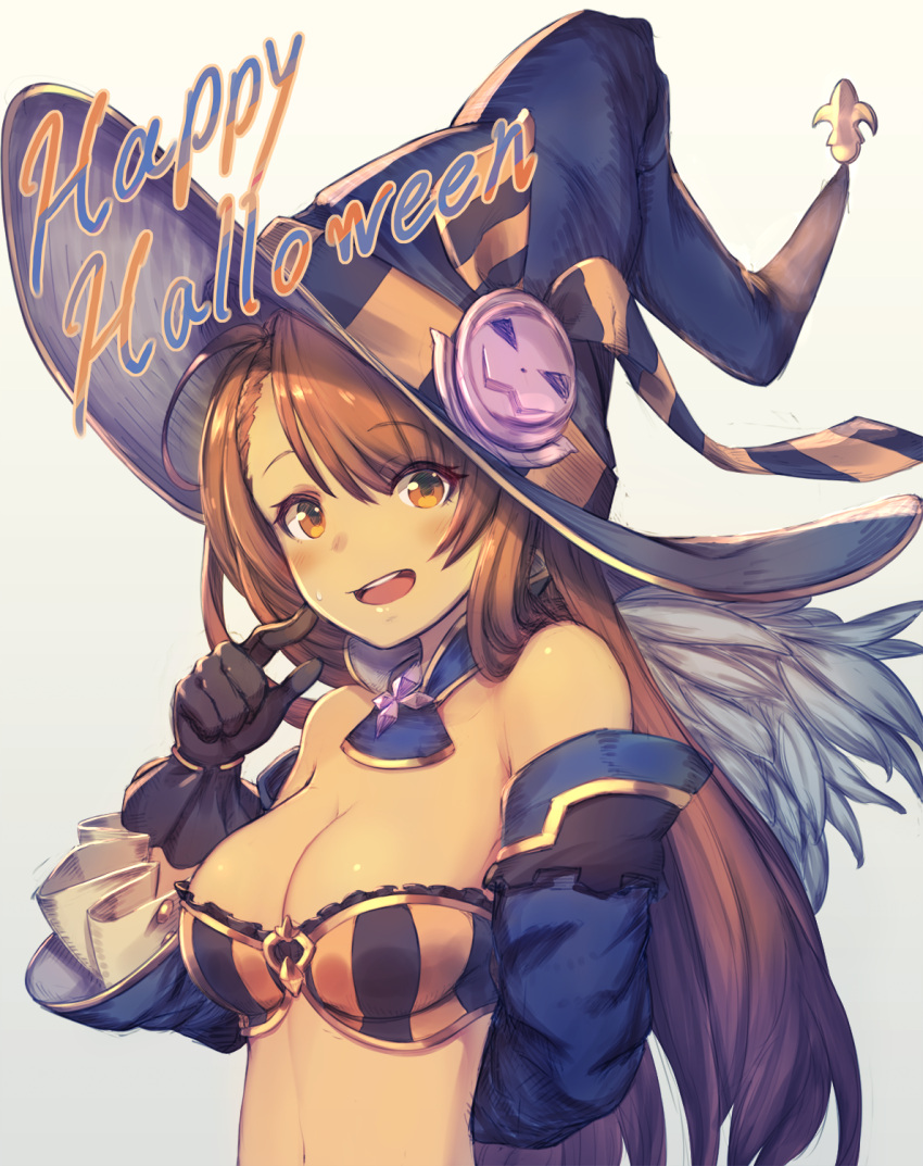 1girl :d arm_behind_back bangs bare_shoulders bazooka_oiran beatrix_(granblue_fantasy) bikini_top black_gloves blue_hat blush breasts brown_eyes brown_hair cleavage detached_collar detached_sleeves english eyebrows eyebrows_visible_through_hair fur_trim gloves granblue_fantasy hair_between_eyes hair_ribbon halloween happy_halloween hat highres jack-o'-lantern large_breasts long_hair looking_at_viewer medium_breasts navel open_mouth ribbon shiny shiny_skin simple_background smile solo striped striped_ribbon sweatdrop swept_bangs upper_body witch_hat