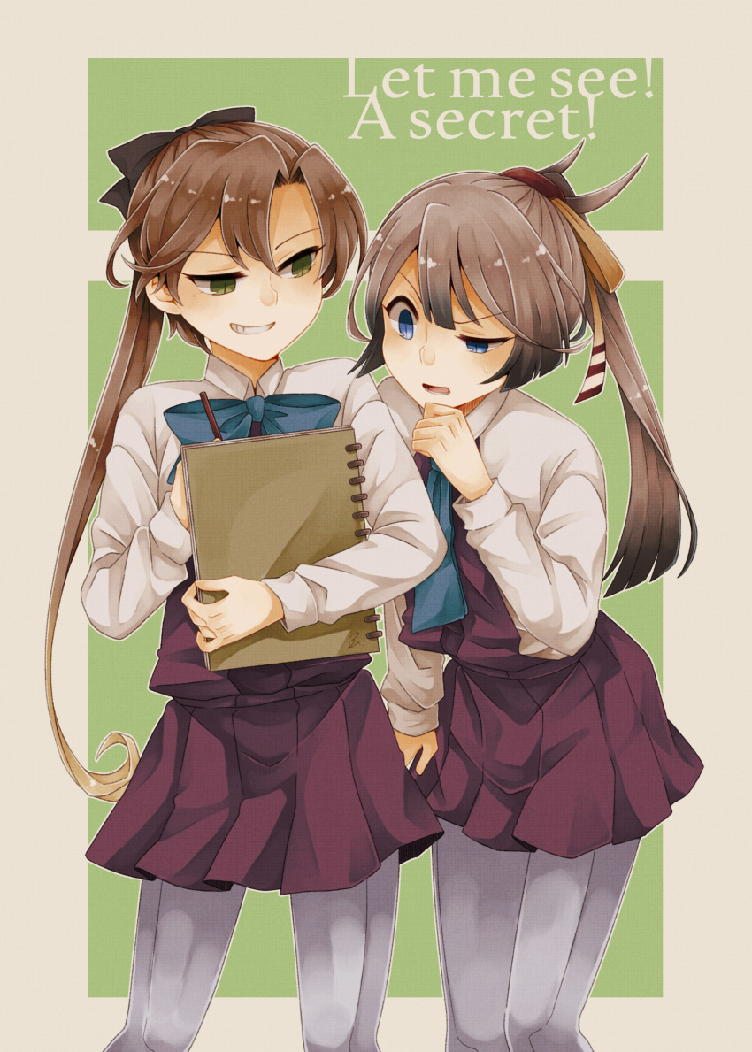 2girls absurdres akigumo_(kantai_collection) aqua_bowtie black_bow blue_eyes bow brown_hair drawing dress english gradient_hair green_eyes grey_legwear grin hair_bow hair_ribbon hand_on_own_chin highres holding holding_pencil kantai_collection kazagumo_(kantai_collection) leaning_forward long_hair long_sleeves looking_at_another looking_to_the_side miroku_san-ju mole mole_under_eye multicolored_hair multiple_girls narrowed_eyes open_mouth pantyhose pencil pleated_dress ponytail ribbon school_uniform sketchpad slit_pupils smile teeth very_long_hair