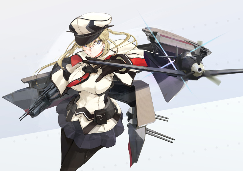 1girl bf_109 black_legwear blonde_hair breasts capelet flight_deck frown gloves graf_zeppelin_(kantai_collection) hat kantai_collection large_breasts long_hair military military_uniform necktie pantyhose peaked_cap pleated_skirt pouch simple_background skirt solo takeshima_satoshi turret twintails uniform