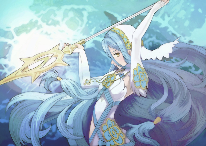 1girl aqua_(fire_emblem_if) blue_hair elbow_gloves fingerless_gloves fire_emblem fire_emblem_if gloves hair_between_eyes hairband highres holding holding_weapon jewelry long_hair low-tied_long_hair necklace polearm profile runachikku solo upper_body veil very_long_hair water waves weapon white_gloves yellow_eyes