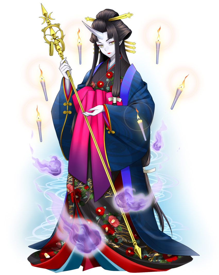 1girl artist_request blue_skin candle candlelight character_request eyeshadow floating_object floral_print full_body hair_ornament hairpin highres holding japanese_clothes kimono lipstick long_sleeves makeup official_art shakujou sidelocks single_horn solo staff yellow_eyes youkai_hyakki-tan!
